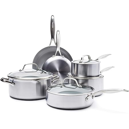 GreenPan Venice Pro Stainless Steel Healthy Ceramic Nonstick, 10 Piece, Light Gray