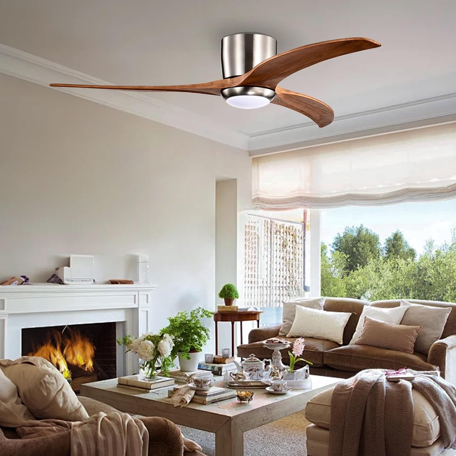 52" Modern Dimmable Chandelier Fan with Light, Low Profile Flush Mount Ceiling Fan Wooden Fandelier with Remote Reversible DC Motor Ceiling Fan for Bedroom Living Room (Nickel)