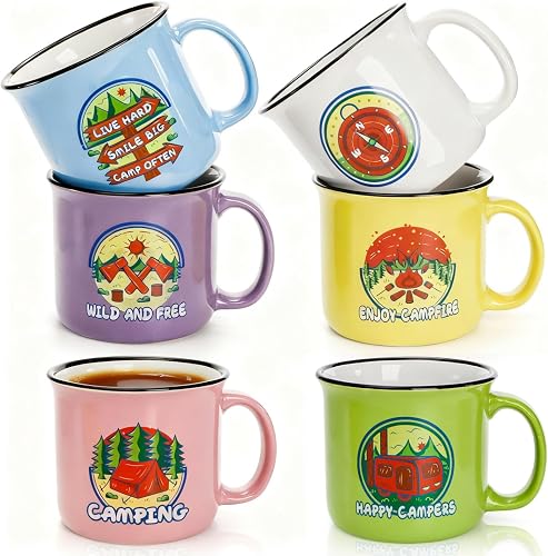 Covzoe 6 Pack Outdoor Camping Mugs, 15 Oz Ceramic Campfire Coffee Mugs for Hot and Cold Beverages, Multicolor Travel Drinking Mug for Picnics Hiking Fishing, Camping Lover Valentine's Day Gifts