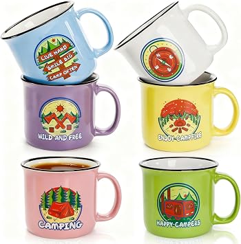 Covzoe Set of 6 Ceramic Camping Mugs in Assorted Colors, 15 Oz