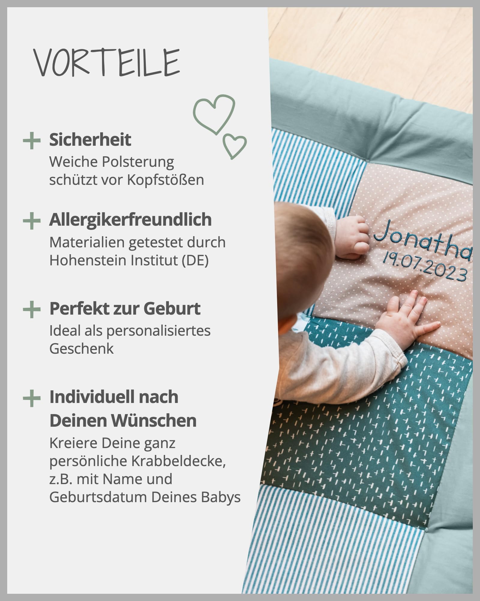 ULLENBOOM Krabbeldecke für Baby mit Personalisierung, 100% OEKO-TEX Materialien, Eukalyptus 100x100 cm - Babydecke mit Namen und Datum, ideal als Spieldecke und personalisiertes Geschenk zur Geburt