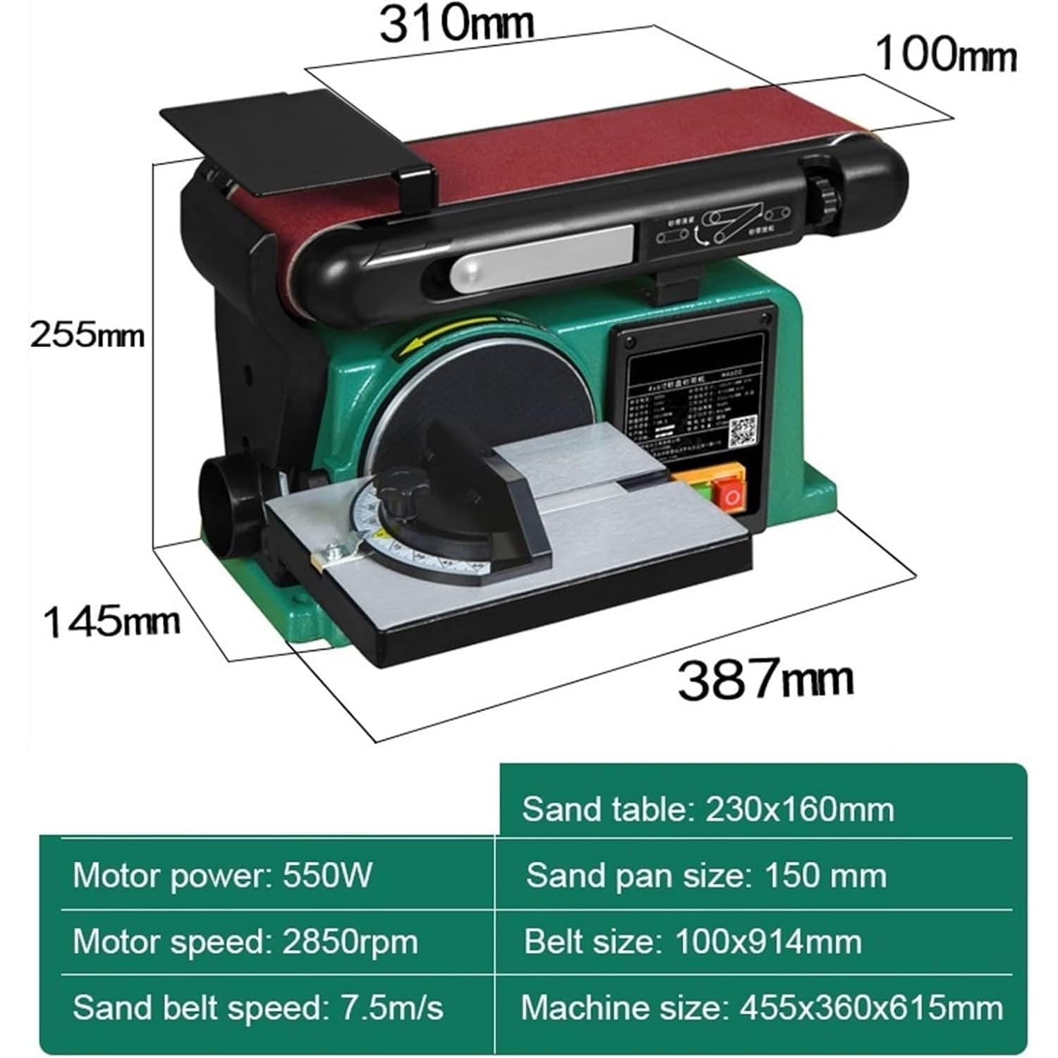 Lijadora eléctrica de 550 W, correa abrasiva/disco abrasivo de 2850 rpm, banco de trabajo ajustable multiángulo, resistente para manualidades de madera, metal, molienda de piedra