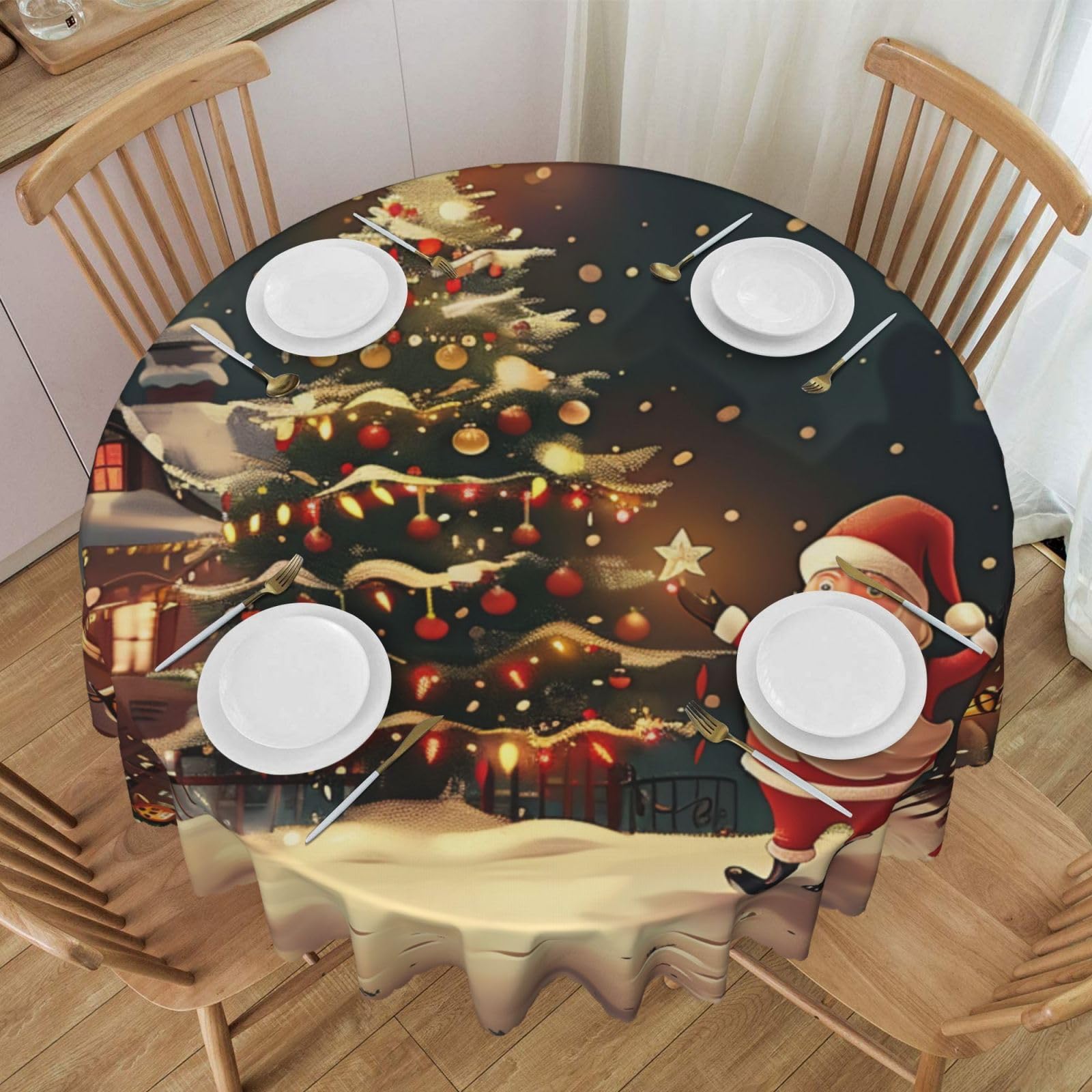 Nappe ronde Merry Christmas Art de 152,4 cm avec finitions dentelle élégante