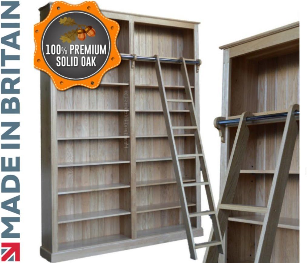 Traditional Solid Oak Bookcase, 8ft x 6ft Adjustable Display Library Shelves with Ladder. Heartland Oak. Choice of Colours! (BK13-LAD)