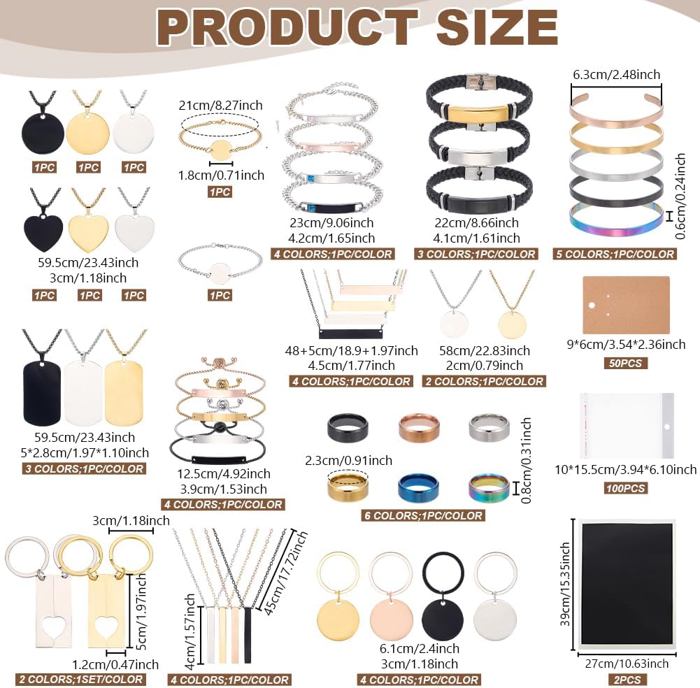 ACRNIGHEET 153Pcs Laser Engraving Blanks, Engraving Materials Bulk Supplies 49 Kinds Blanks Includes Metal Necklace Bracelet Ring Keychain Jewelry, Engraver Accessories for Engraver Machine