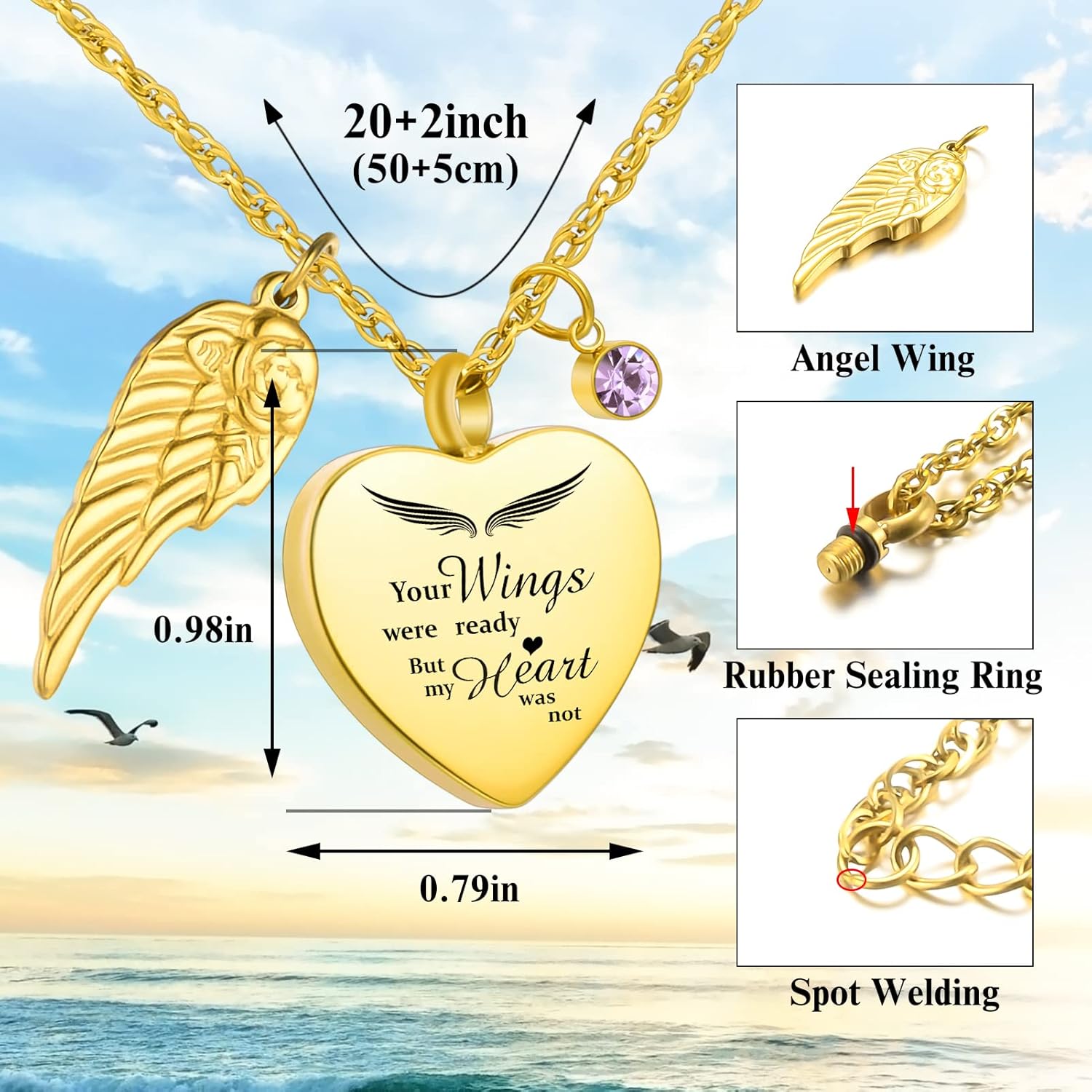 Dletay Heart Urn Necklace for Ashes with 12 Birthstones Cremation Jewelry for Ashes -Your Wings Were Ready My Heart Was Not - Image 4