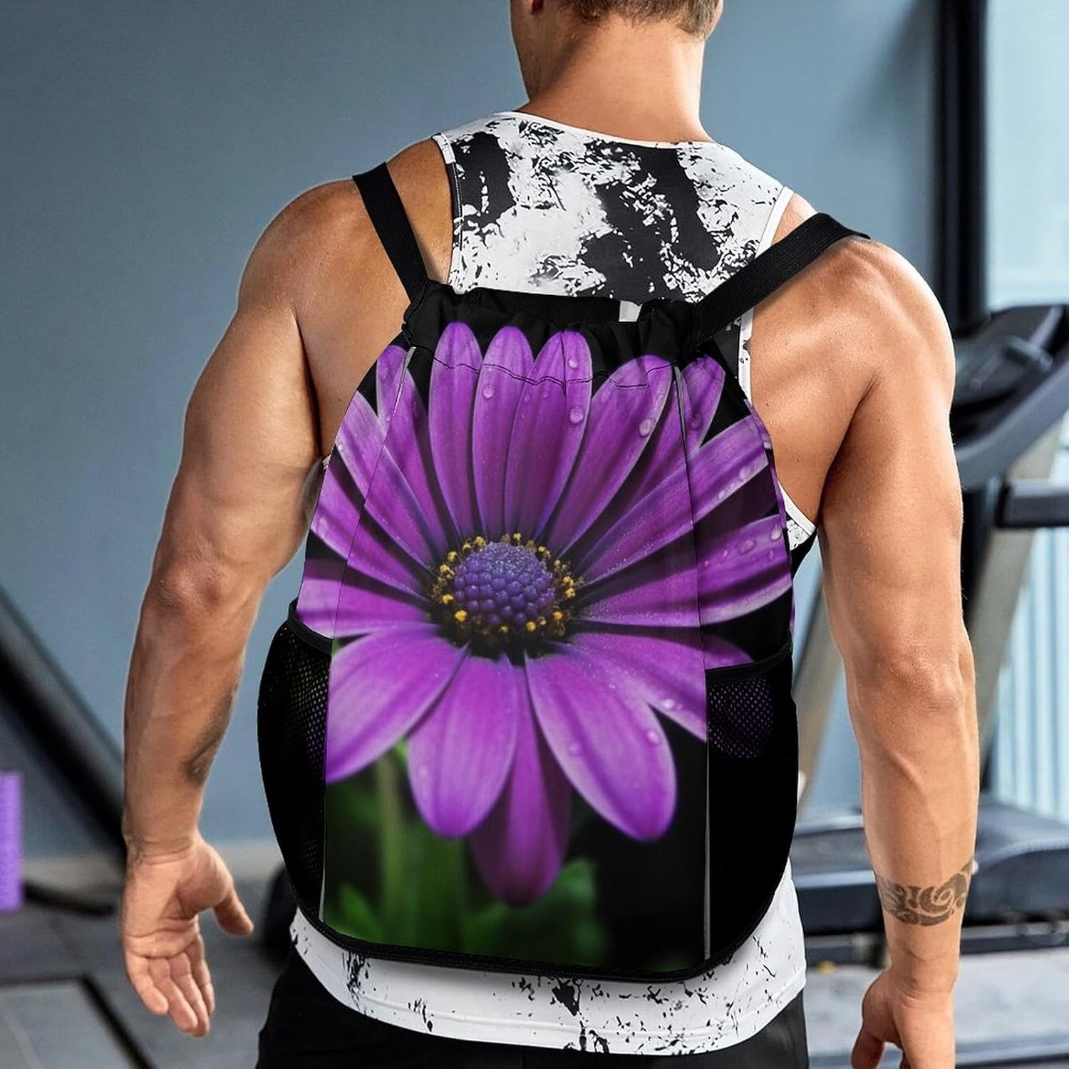 Small Gym Bag Purple Daisy Printed Drawstring Gym Bag for Men Lightweight Waterproof Drawstring Backpack for Women with Shoe Compartment for Travel Tourism Work And Fitness
