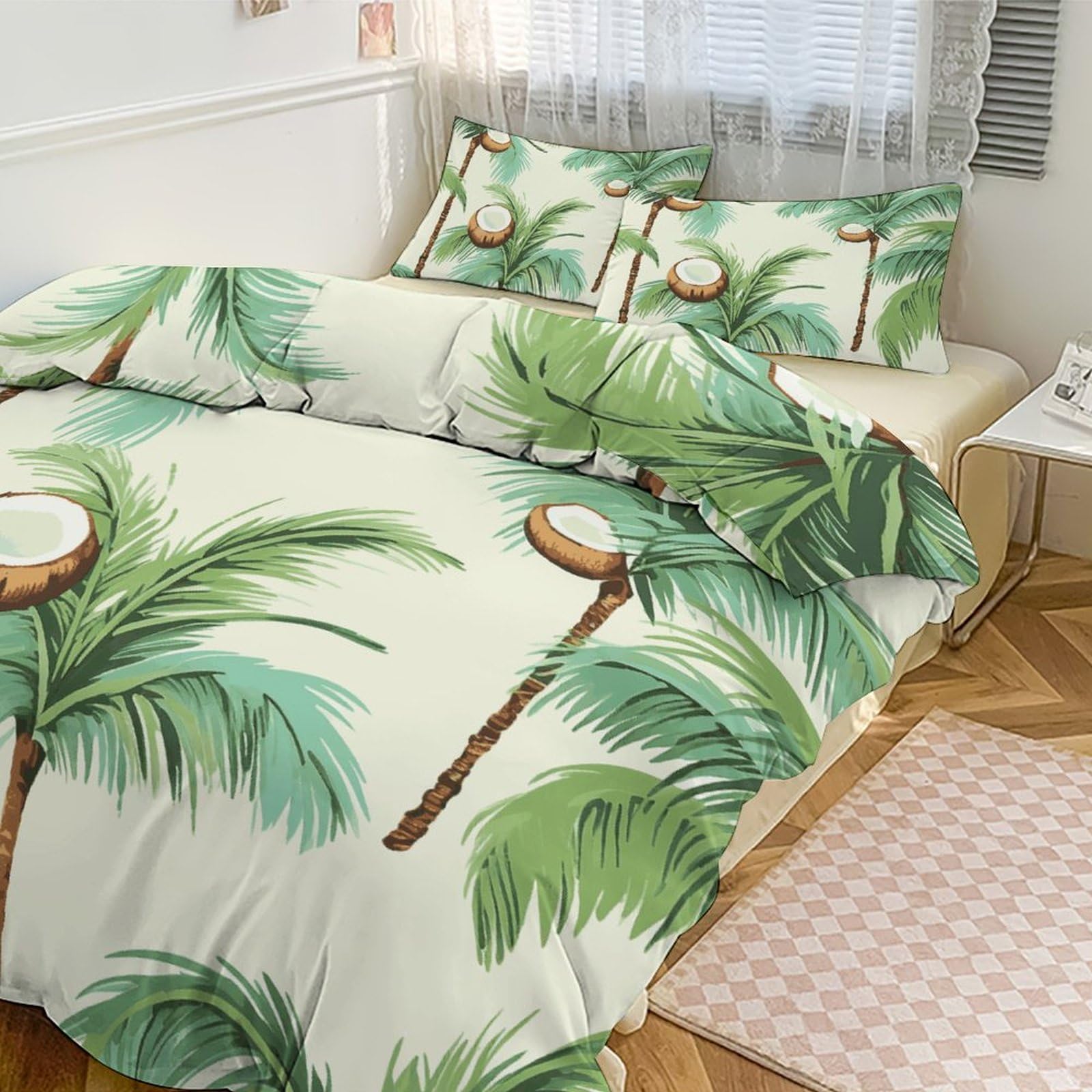 Parure de lit 3 pièces imprimé cocotier d'été 259x228 cm avec sa couette grand lit et taies