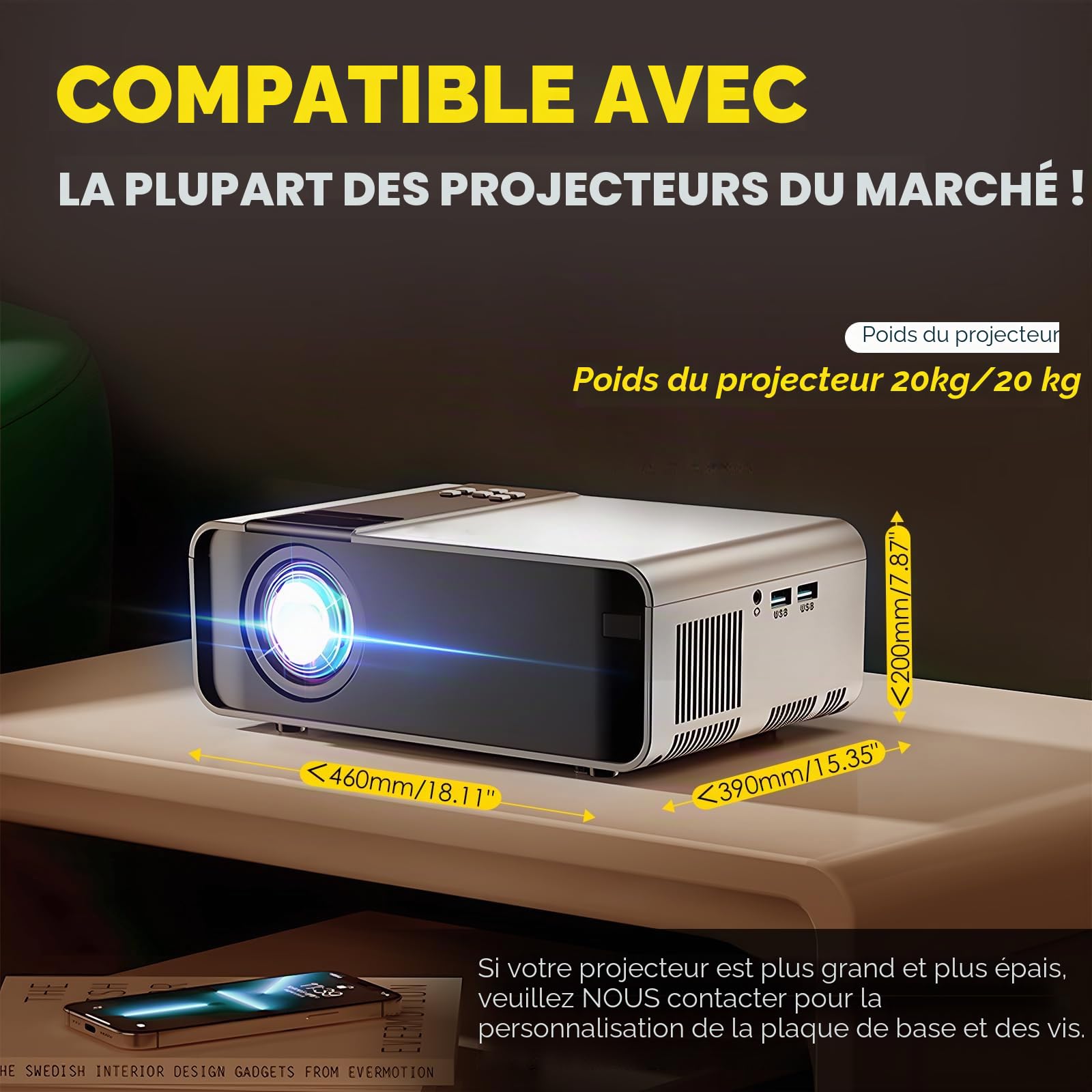 CGOLDENWALL 70CM Projecteur Électrique Ascenseur Montage au Plafond Télécommande pour Cinéma Église Salle École Double Moteurs Charge Maximale 20 kg