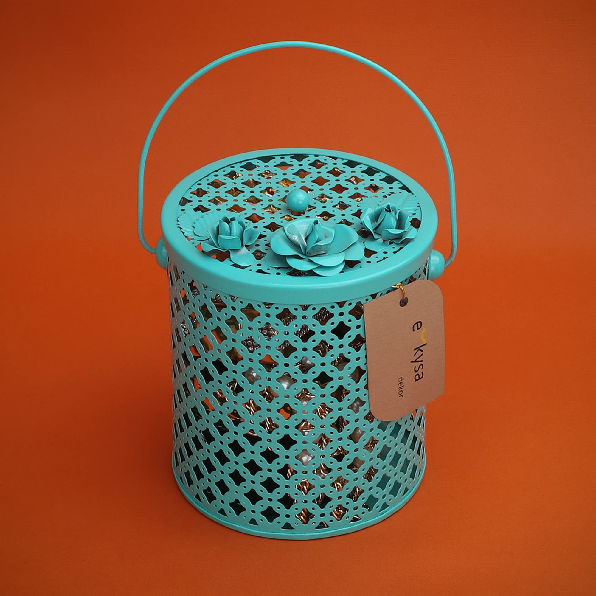 ekysa dekor metal multipurpose hamper Fancy Basket / Tray / Platter box with lid and hadles for Packing, Gifting, Decoration - 13*13*15 cm, Green