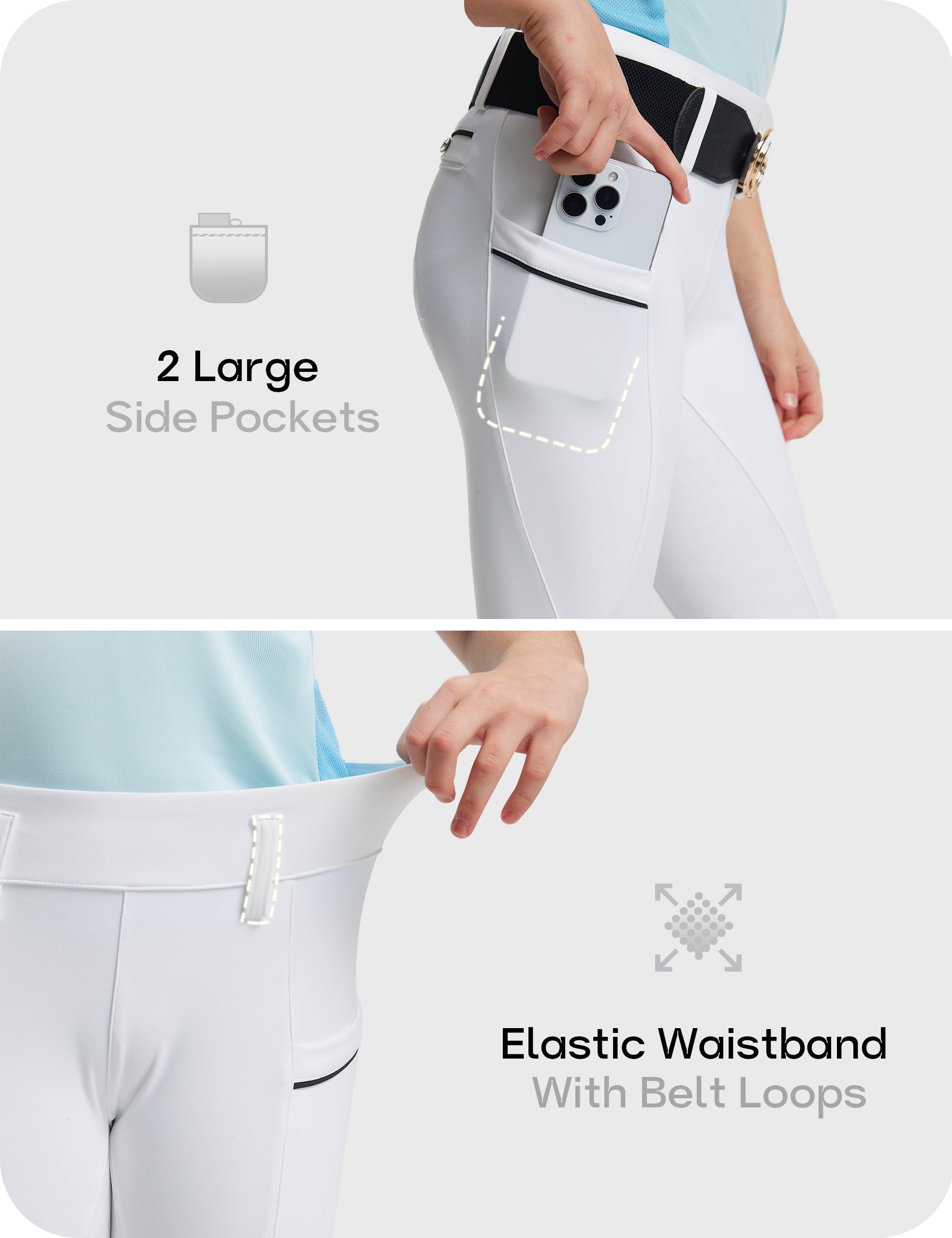 FitsT4 Sports Pantaloni da equitazione per ragazze Pantaloni da equitazione in silicone per ragazze Pantaloni da equitazione elasticizzati per bambini Pantaloni da equitazione con tasche