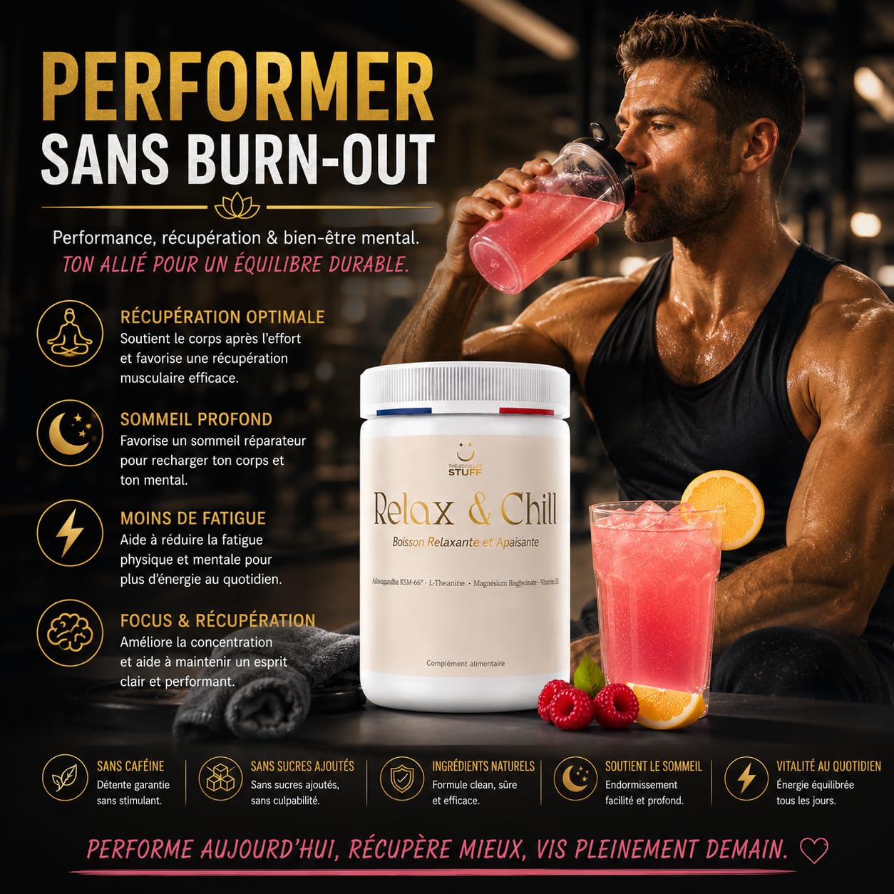 Relax & Chill Boisson Relaxation Anti-Stress/Ashwagandha KSM-66, L theanine, Magnesium Bisglycinate & Vitamine D/Baisse Cortisol & Stress, Améliore Détente et Qualité du Sommeil/Sans Cafeine ni Sucre