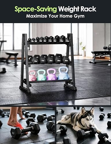 Miniatura 6 de Leteuke Estante para mancuernas, 3 niveles, resistente para gimnasio en casa, marco trapezoidal, ahorro de espacio, estantes de almacenamiento de