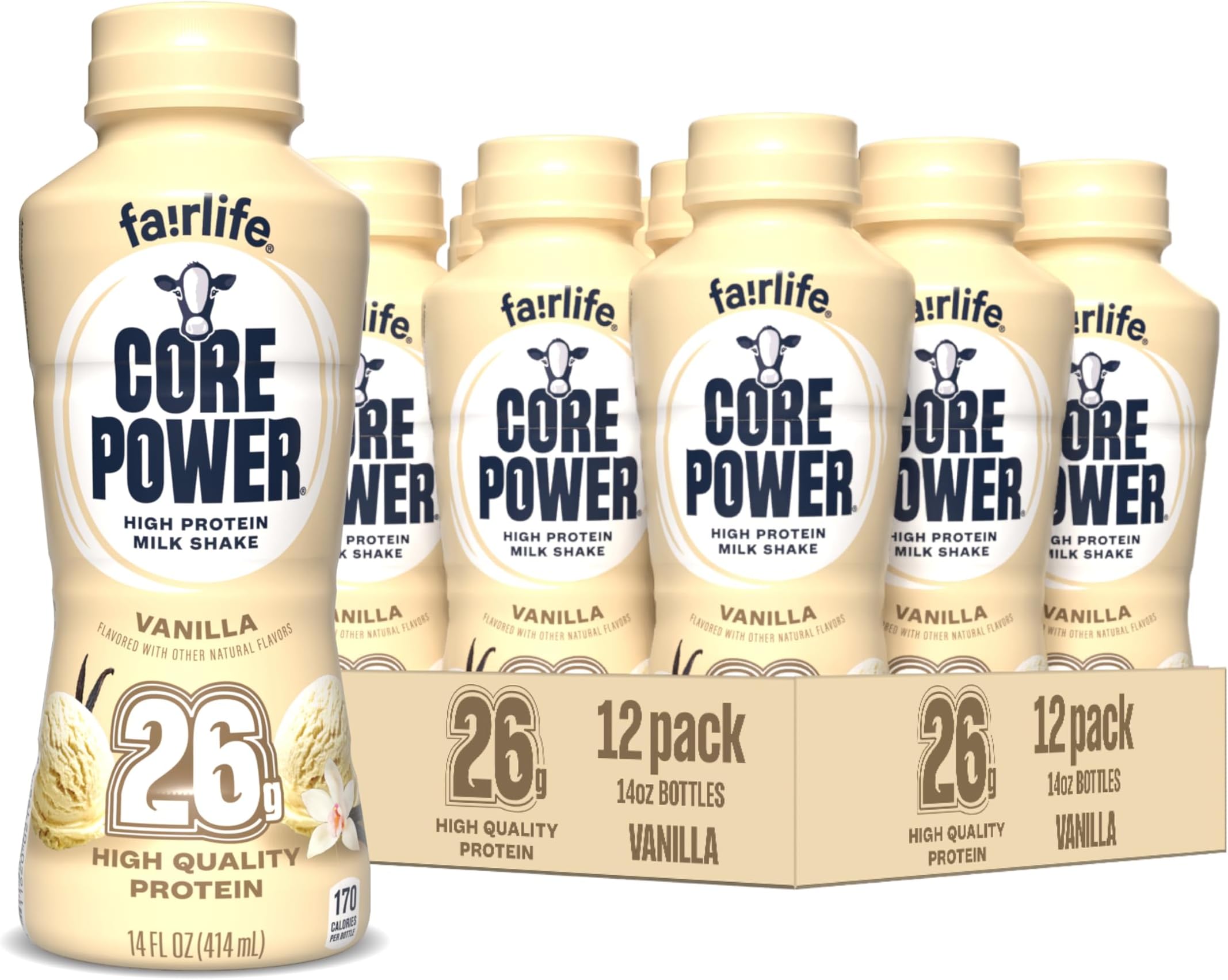 Core Power Protein Shake, Vanilla, 26g Bottle, 14oz, 12 Pack