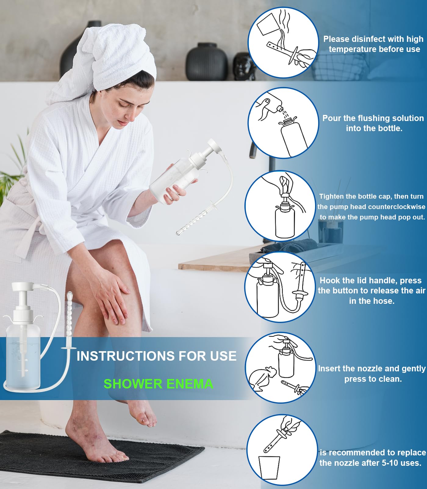 Reusable Vaginal Cleansing Douche Bottle - Douche for Women , Safe & Reusable Enema Kit with 3 Nozzles (330ML), Anti-Backflow Design for Feminine Hygiene & Personal Care, Includes Enema Tube