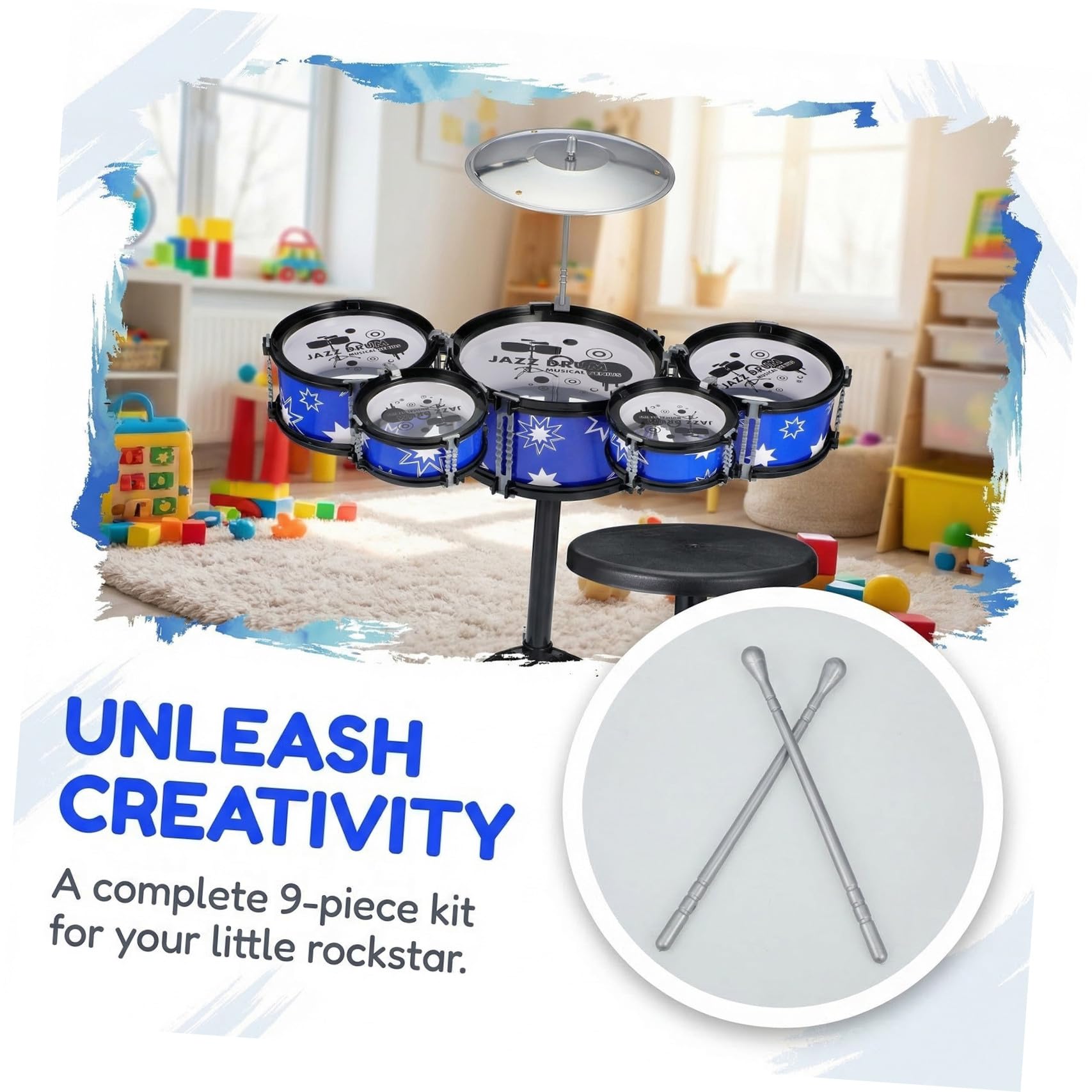 SUPVOX Set di Batteria 5 Tamburi in Plastica per Bambini 21 Pollici Strumenti Musicali Percussioni Sgabello e Bacchette , Gioco Educativo per Bambini Piccoli