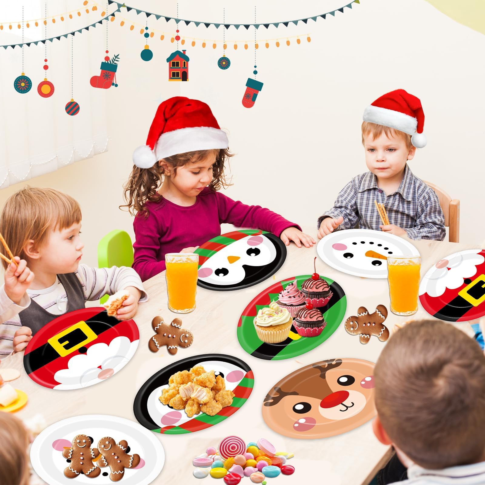 Wiooffen Lot de 100 grandes assiettes ovales jetables en carton de Noël - 30,5 cm - Motif Père Noël - Bonhomme de neige - Décorations de fête pour Noël - Fournitures de table