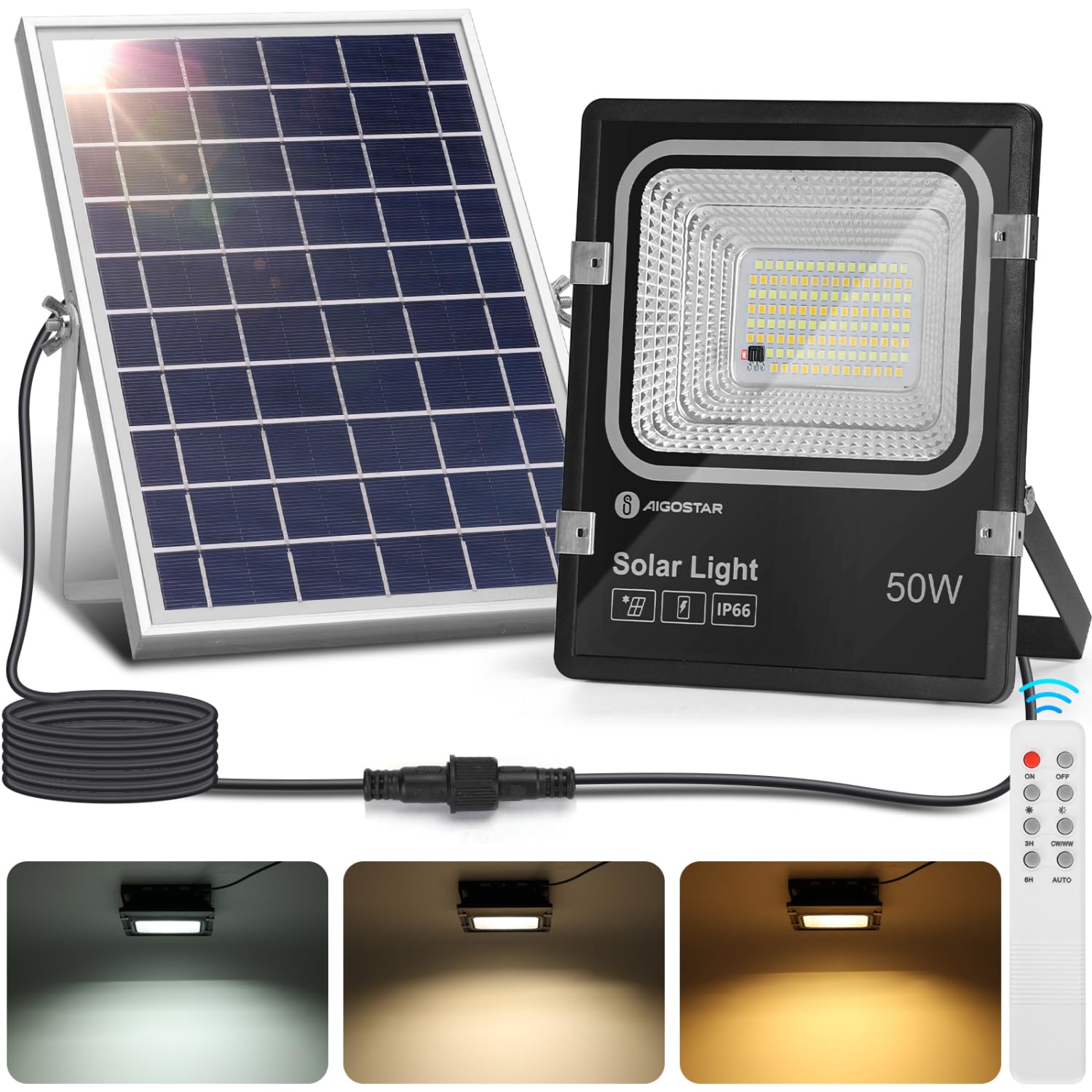 Aigostar - Foco solar exterior con mando a distancia，50W，regulable 3000/4000/6500K. 5000mAH，Batería de gran capacidad.Cable de 2m.Uso interior/exterior IP66: jardín， patios，caminos o garaje