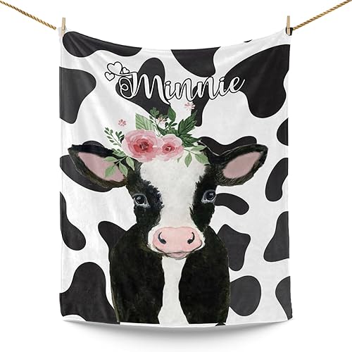 Divertida manta personalizada de vaca linda para bebés, niños y niñas, con nombre, diseño de nombre para decoración de habitación, sofá de viaje,