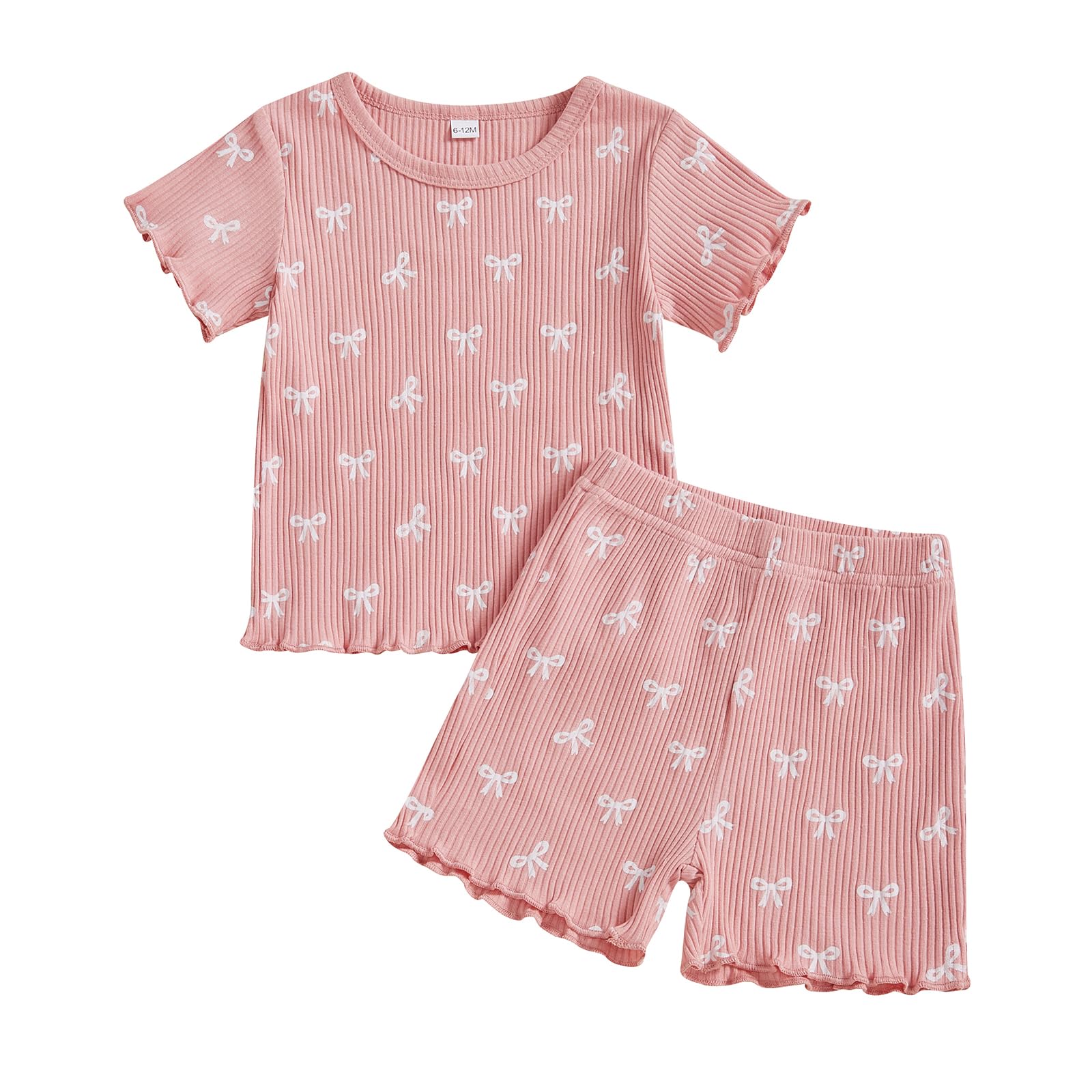 ZAXARRA Toddler Girl Bow Ribbed Outfit Ruffle Short Sleeve T-shirt Shorts 2 Piece Spring Summer Cute Casual Clothes Set (Pink2, 2-3T)