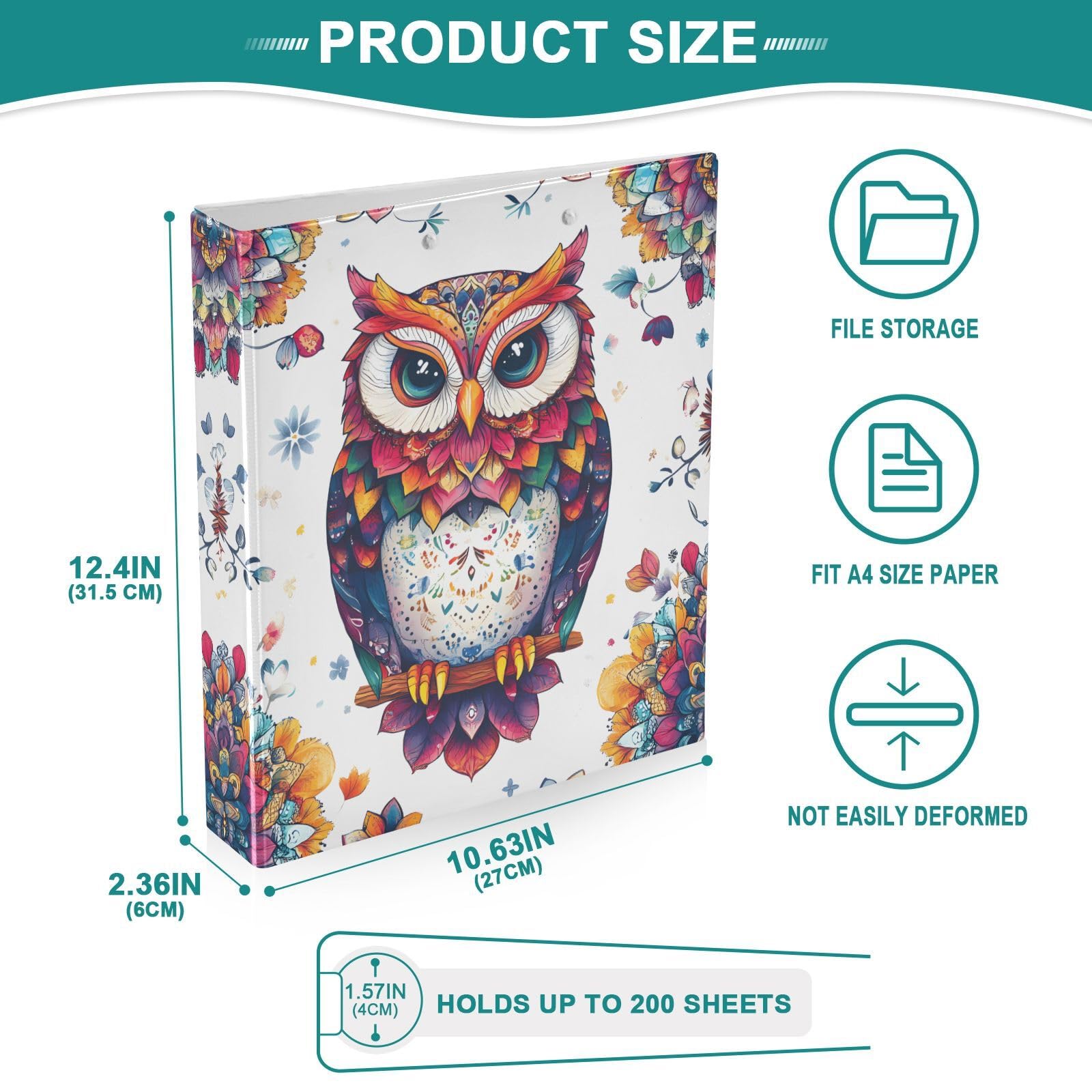 Confezione da 2 raccoglitori a 3 anelli, mandala, boho, animali, gufo, 3,8 cm, con 3 tasche trasparenti, portablocco e contiene 200 fogli, per ufficio, scuola, organizzazione domestica