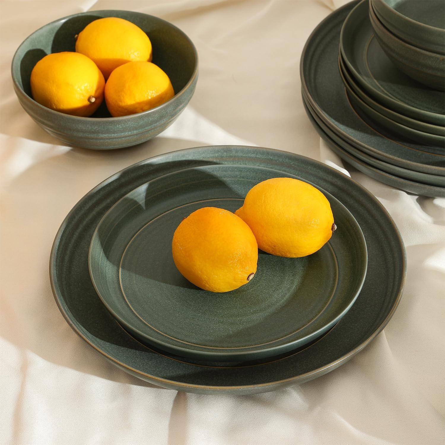 Stone Lain Elio 12-Piece Dinnerware Set Stoneware, Plates and Bowls Set, Dish Set for 4, Green