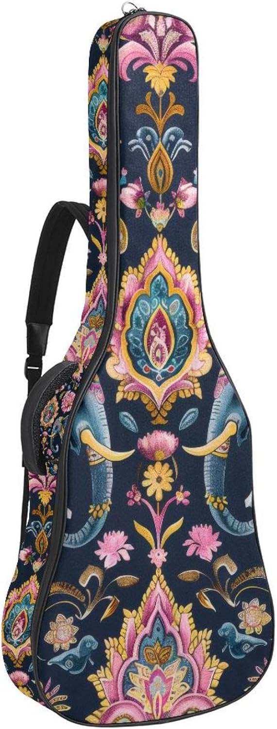 40 41 42 Inch Acoustic Guitar Bag, 0.4 In Thick Sponge Padded Guitar Case Gig Bag with Back Hanger Loop and 2 Pockets, Indian Elephants and Paisleys on Dark Background