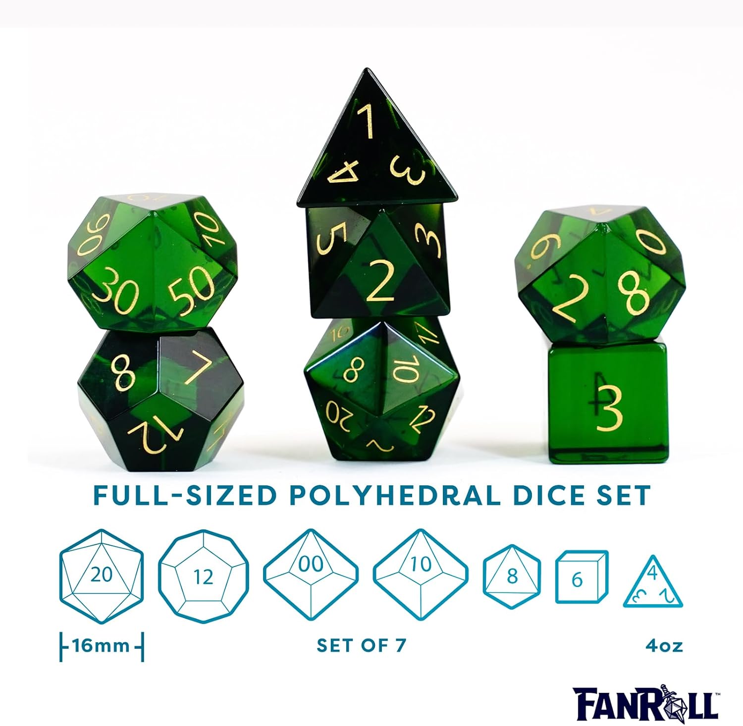 FanRoll 16mm Birthstone Stone Poly DND Dice Set: Engraved August Peridot, Role Playing Game Dice for Dungeons and Dragons
