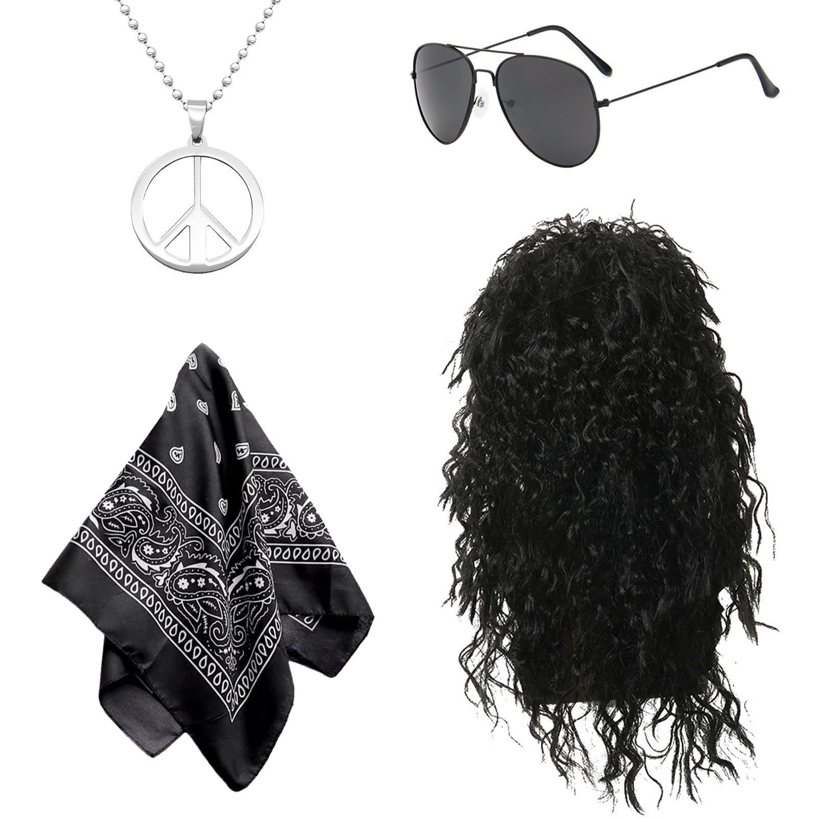 DKDDSSS Hippie Costume Set Hippie Accessories Heavy Metal Wig Set Hippy Fancy Dress Mens Accessories Disco Wig Costume Accessories for Men Women for 80s Theme Party Halloween Carnival Party (rock - Image 2