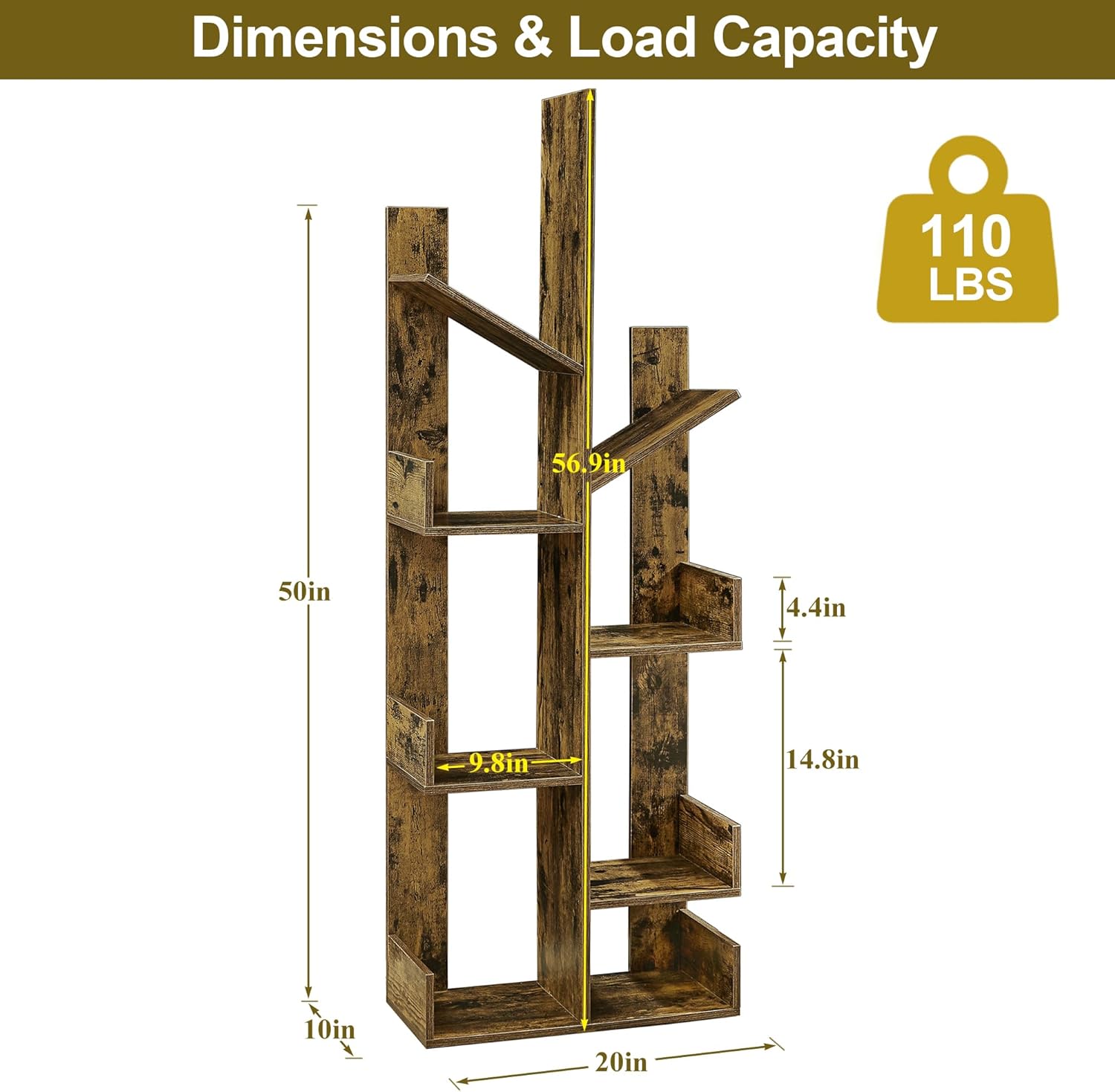 VECELO 8-Tier Tall Tree Bookshelf, Freestanding Bookcase with Side & Back Panels, Modern Display Shelf for Corner Storage in Living Room, Bedroom, Kids’ Room, Rustic Brown