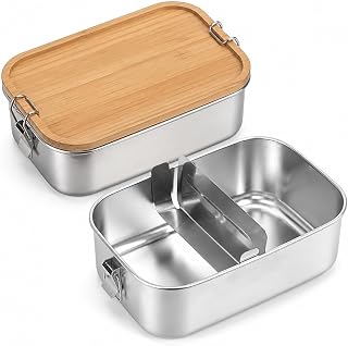 STARVAST 2 Stück Brotdose Edelstahl mit Bambusdeckel, 1200 ml Lunchbox Edelstahl mit 2 Fächern, 304 Edelstahl Lunchbox mit 1 Trennwand, 18,5 x 14 x 6 cm