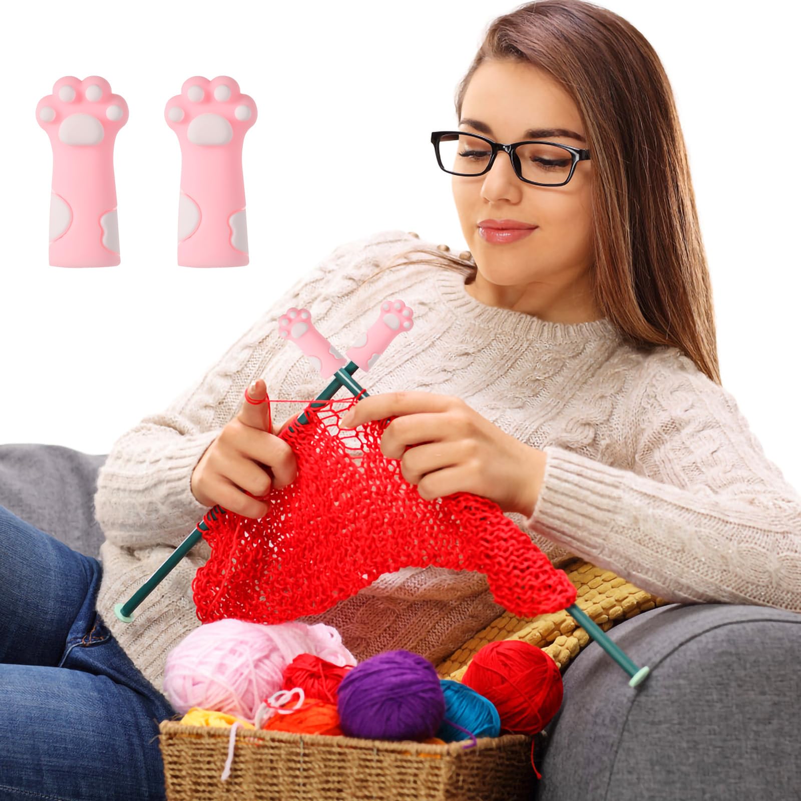 Oruola 6Pcs Cat Paw Knitting Needle Stoppers - Silicone Point Protectors For Size 11-17 Needles