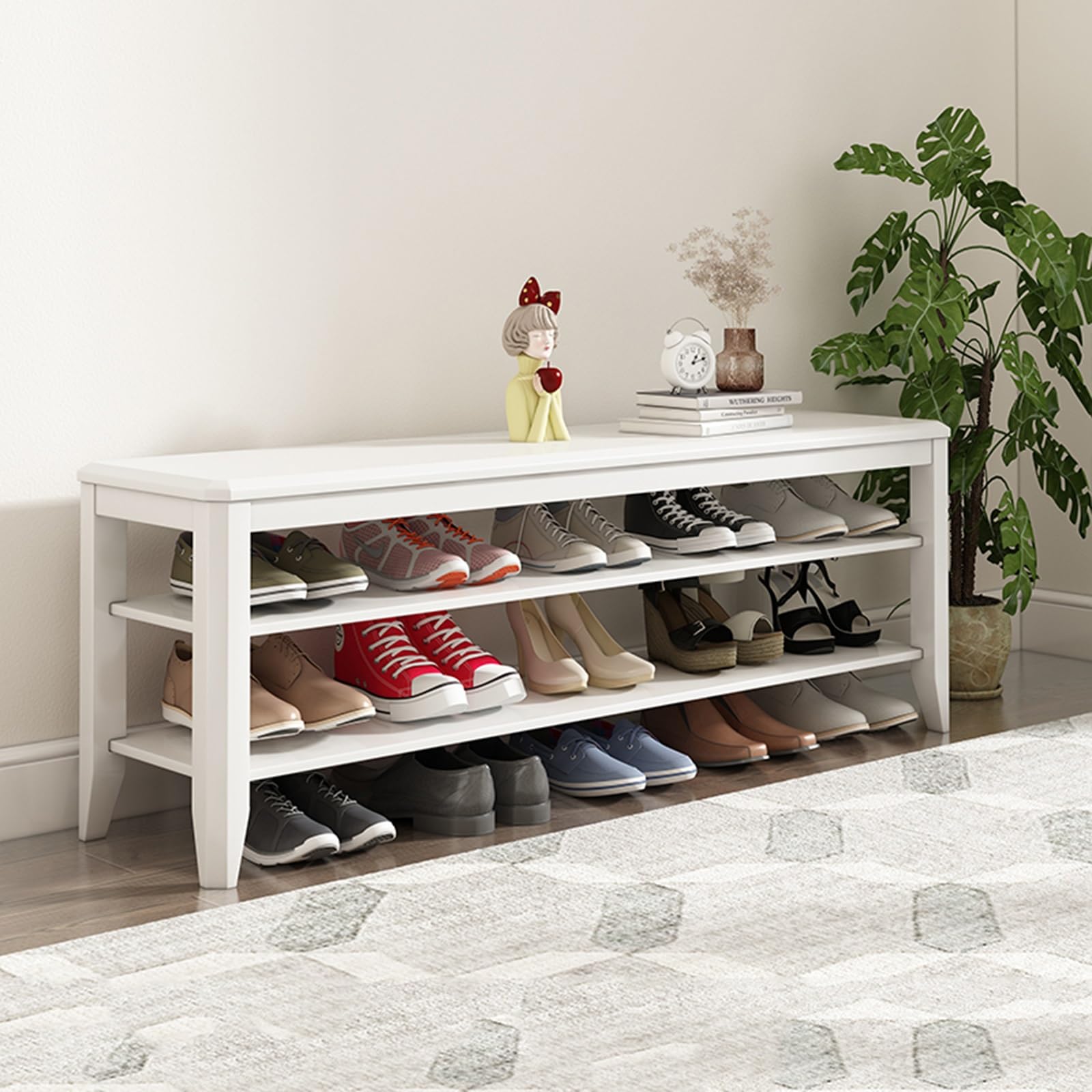 Étagère à chaussures en bois massif blanc de 120 cm avec banc de rangement à 2 niveaux
