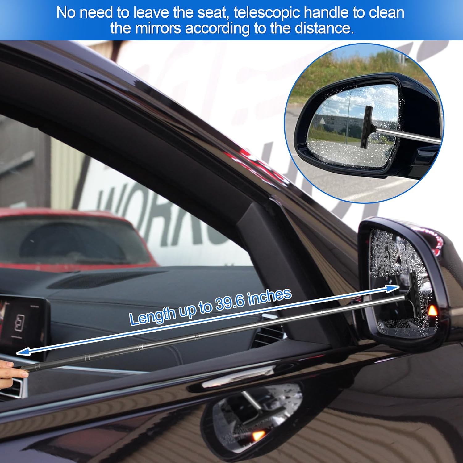 2 Pcs Car Mirror Wiper, 38.6in Handle Car Side Mirror Squeegee, Car Mirror Squeegee, Side Mirror Squeegee, Mini Squeegee for Rainy Foggy Weather