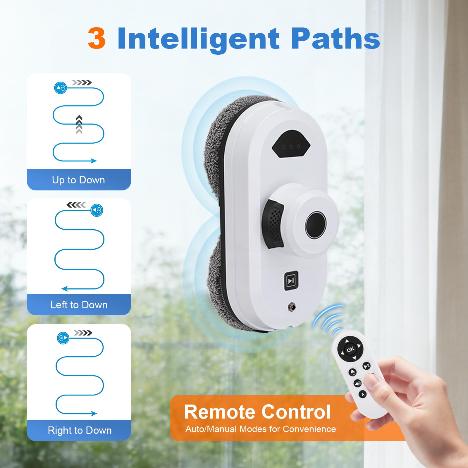 Robot de nettoyage de vitres avec puissance d'aspiration de 5800 Pa, 3 modes de nettoyage, navigation intelligente, détection des bords, télécommande, système de sécurité et 10 chiffons de nettoyage