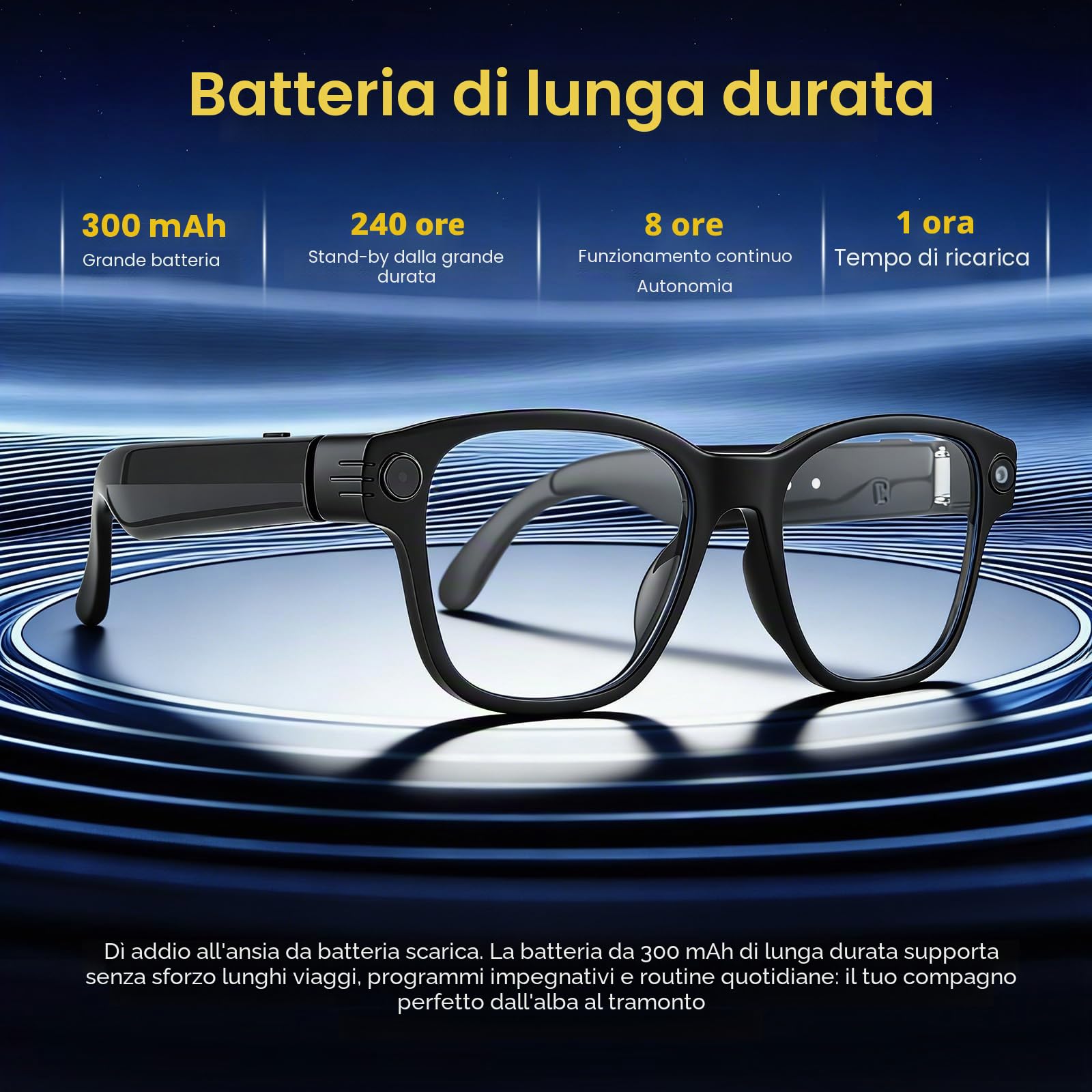 Occhiali Intelligenti Ai Con Fotocamera 8Mp, Video 1200P E Traduzione Multilingue–Lenti Fotocromatiche, Microfono Duale Con Cancellazione Rumore, Autonomia 270Mah–Ideali Per Viaggi