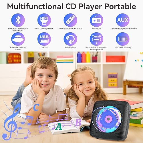 Miniatura 2 de Reproductor de CD portátil Bluetooth recargable reproductores de CD para el hogar con 1800 mAh Kegaudio Desktop Wall CD Player con altavoces,