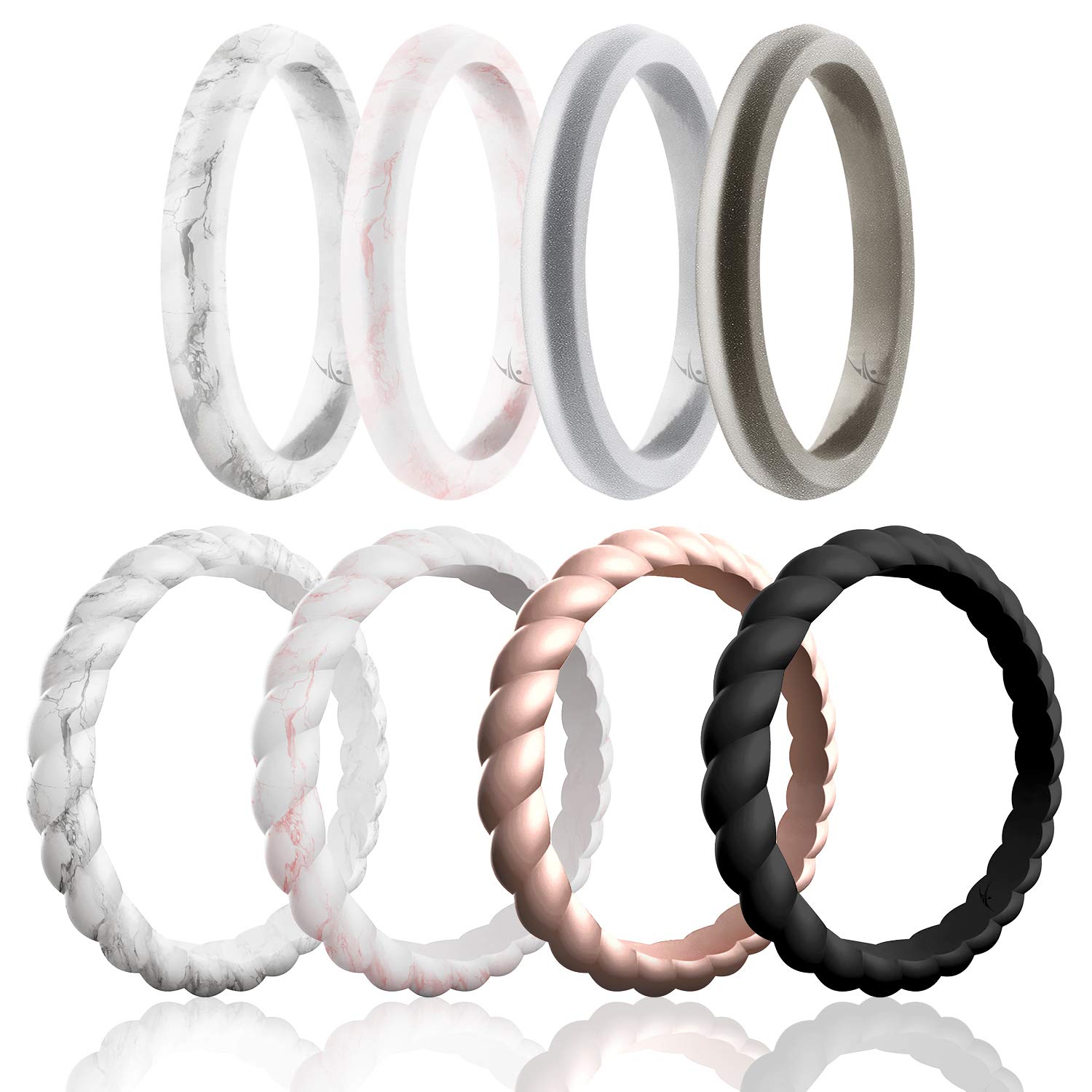 ROQSilicone Rubber Wedding Rings for Women, Thin Braided Point Stackable Rubber Silicone Wedding Band, Bridal Jewelry Set, Anniversary Rings, Promise Ring, Multi Packs, Multi Colors
