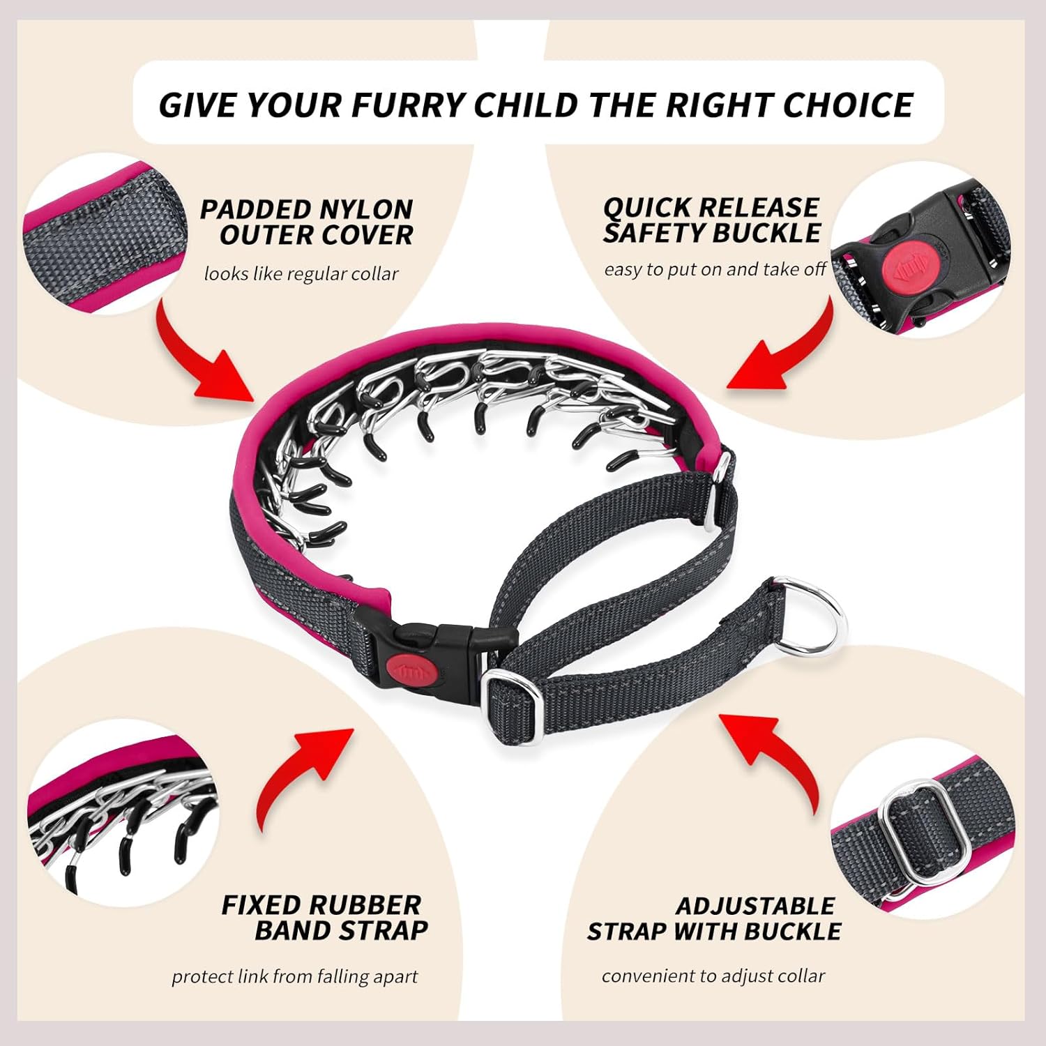 Martingale No Pull Dog Collar for Large Medium Small Dogs, Heavy Duty Nylon Reflective Adjustable Anti Pull Slip Collar with Buckle for Training Walking M Black Hot Pink