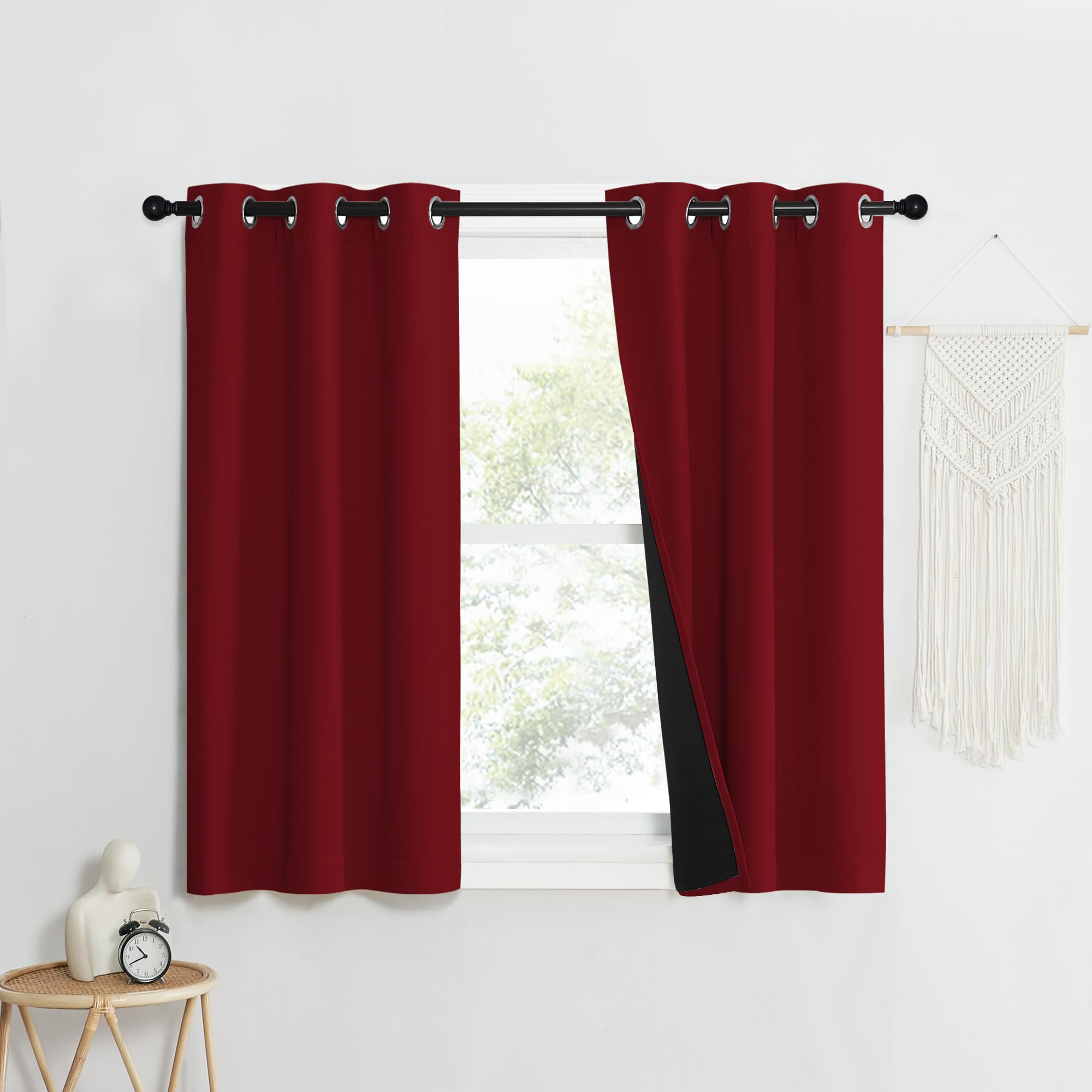 NICETOWN 100% Blackout Curtains with Black Liner Backing, Thermal Insulated Curtains for Living Room, Noise Reducing Drapes for Christmas, Burgundy Red, 37" x 40" Per Panel, Set of 2