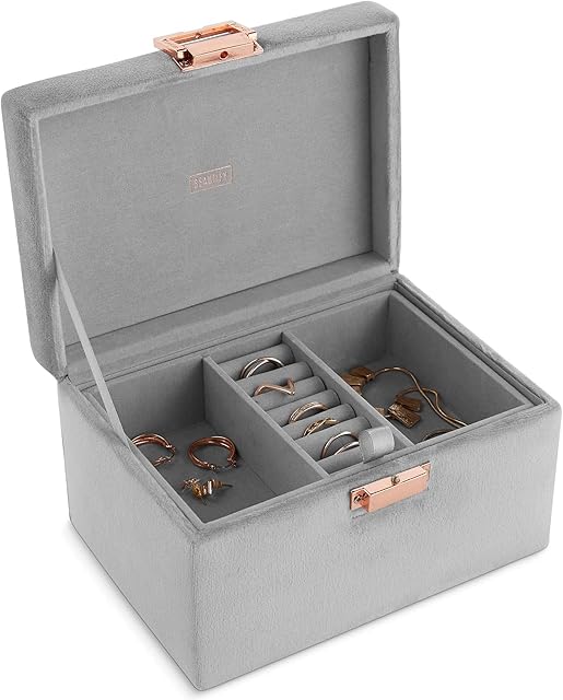 Beautify Jewellery Box, Grey Velvet 2 Tier Jewellery Organiser w/Ring Pad, Removable Tray, Multi-Purpose Space & Rose Gold Clasp, Stylish Dressing Table Storage Chest for Earrings, Rings, Necklaces