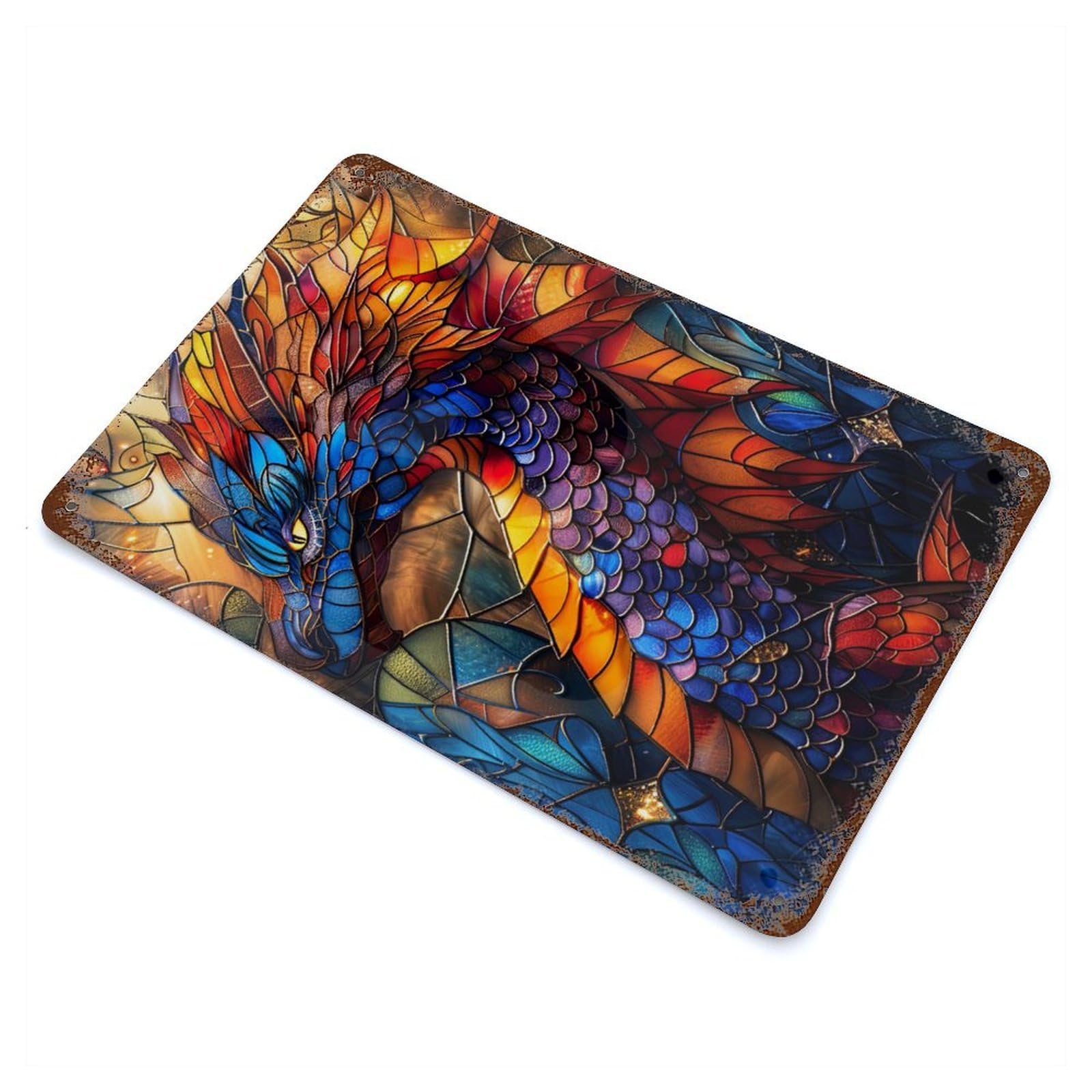 Stained Glass Dragon Rusty Metal Tin Sign 11.8"x7.9", Industrial Home Decor for Garage, Pub Or Kitchen