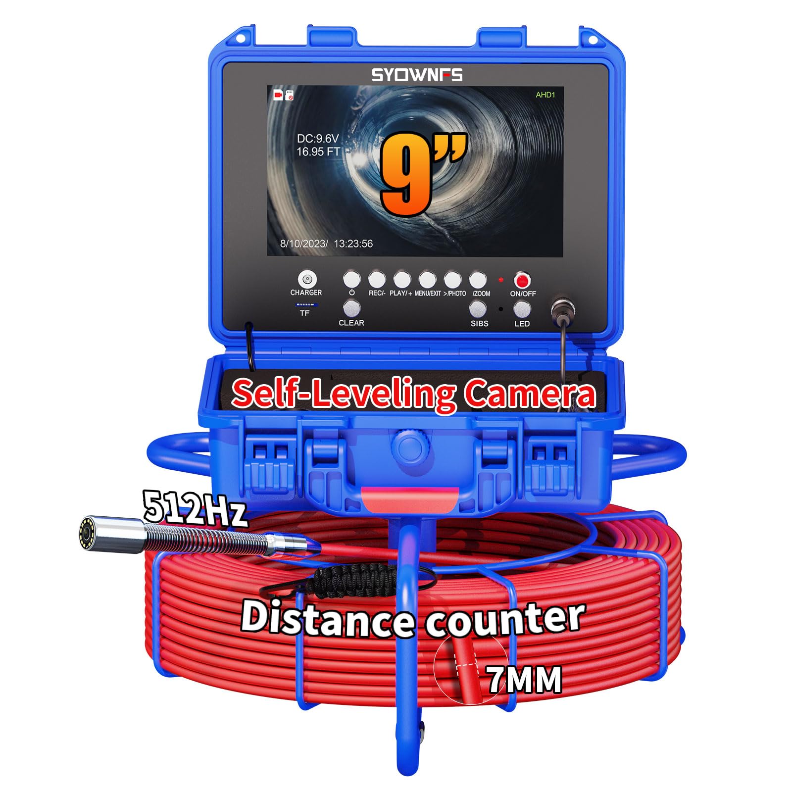 Sewer Camera,197Ft/60M 512Hz Self-Leveling Pipe Inspection Camera with 9" 1080P Monitor, Distance Counter,0.28in/7mm Thicker Cable Plumbing Snake