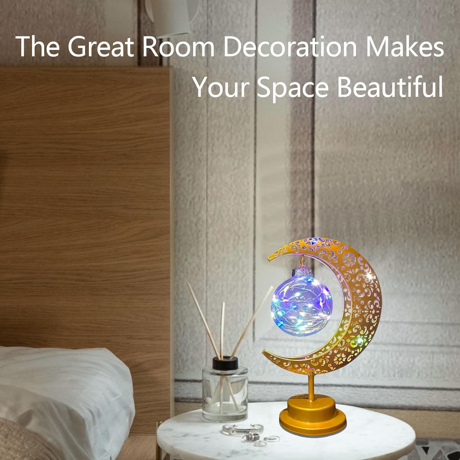 Decorative Table Lamp, Crescent Moon Light Ramadan Table Decor, Battery Powered Christmas Ramadan Desk Lamp Decorations for Home, Patterned Hollow Out Colorful Boho Lamp for Bedrooms