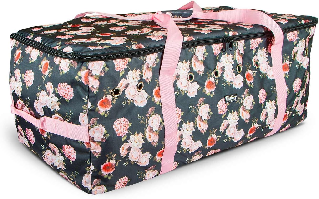 Jeffers Expression Full Bale Hay Bag, 44" L x 22" W x 18" H - Durable Ripstop Hay Tote for Horses, Barn, Trailer or Farm Storage, Water Resistant Full Size Square Carrier with Zipper - Rose Garden