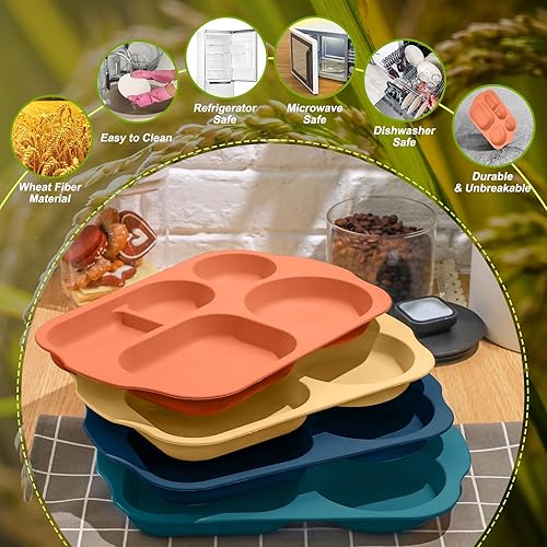 Miniatura 4 de Vesici 8 platos divididos irrompibles de 12 pulgadas, vajilla de paja de trigo, microondas, lavavajillas, bandeja de almuerzo, platos ligeros para