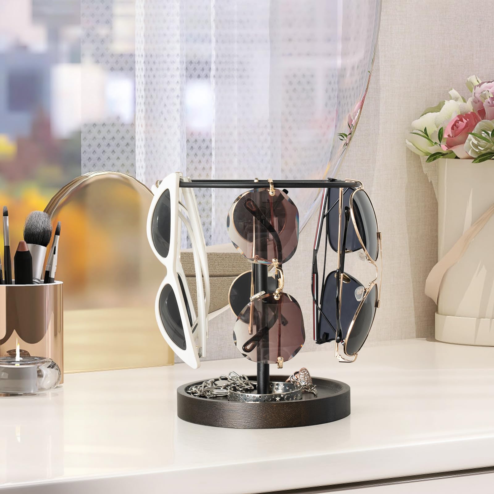 Dahey Organizador de gafas de sol, soporte de metal con bandeja de madera para gafas, aretes, anillos, exhibición de almacenamiento de joyas, hasta 12 pares de gafas para mesa, tocador, escritorio,
