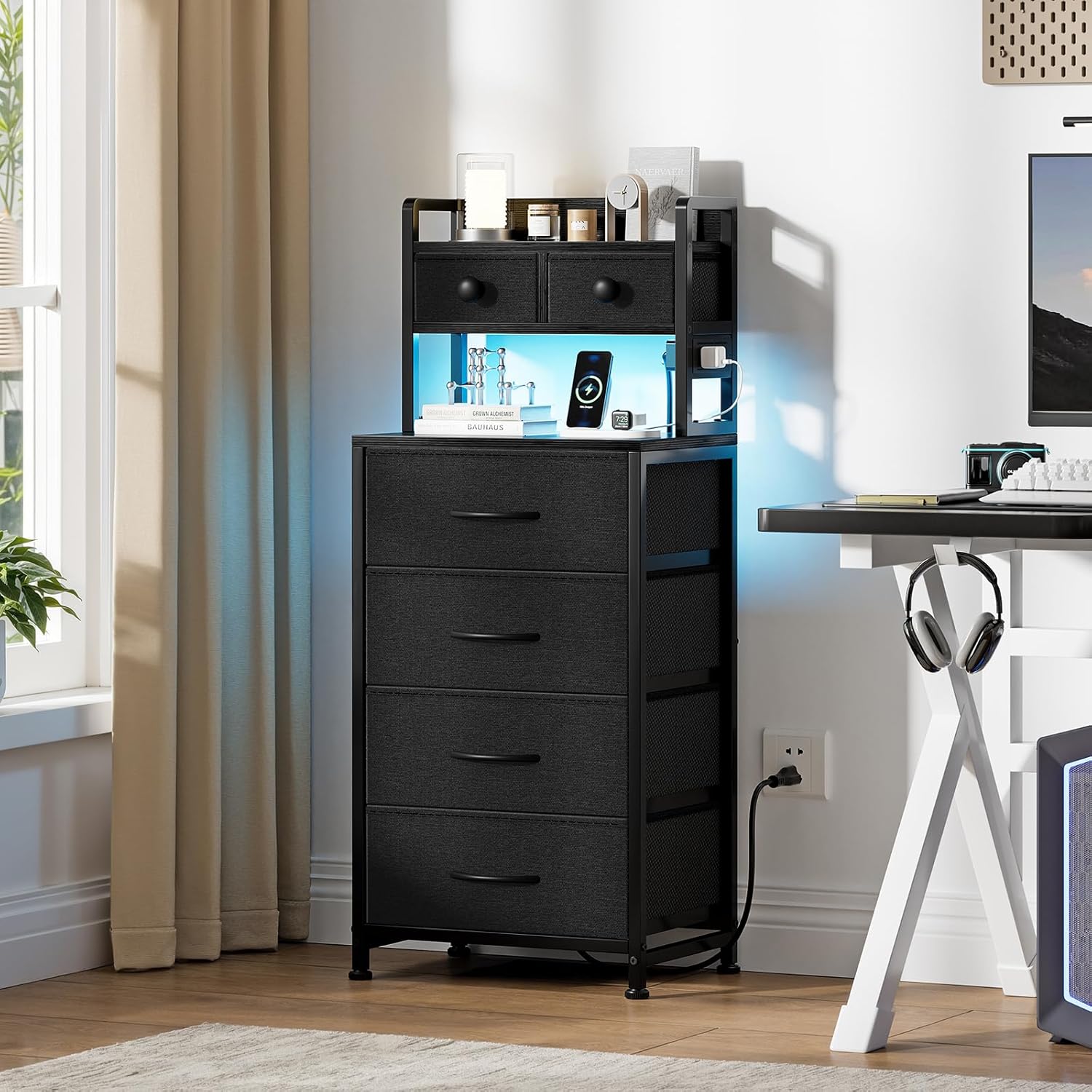 REAHOME 41 Inch Tall Nightstand with Charging Station, LED Night Stand with 6 Fabric Drawers, Bed Side Table with 3-Tier Wood Storage Shelves for Bedroom, Office, Small Spaces, Dark Gray - Image 5