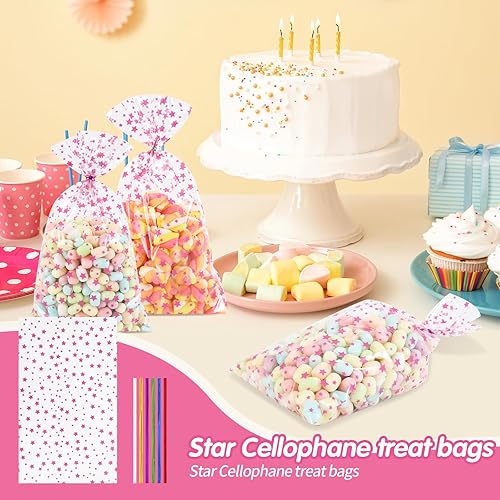 Miniatura 4 de COQOFA 100 bolsas de regalo de estrella rosa de 7 x 12 pulgadas, bolsas de regalo de celofán, bolsas de regalo de fiesta, bolsas de plástico Rosado