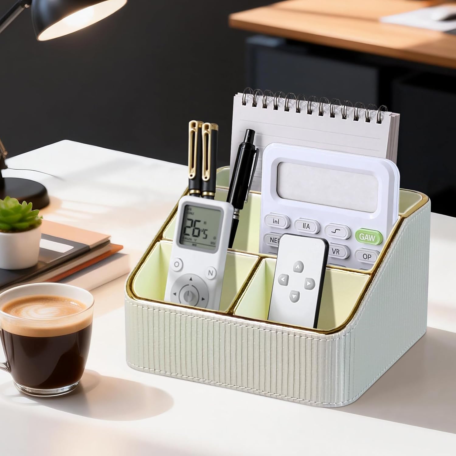 PU Leather Remote Control Holder with 4 Compartments, Small Desk Organizer Office Supply Bedside Caddy, All-in-One Small Bedside Remote Holder Nightstand Desktop Organizer